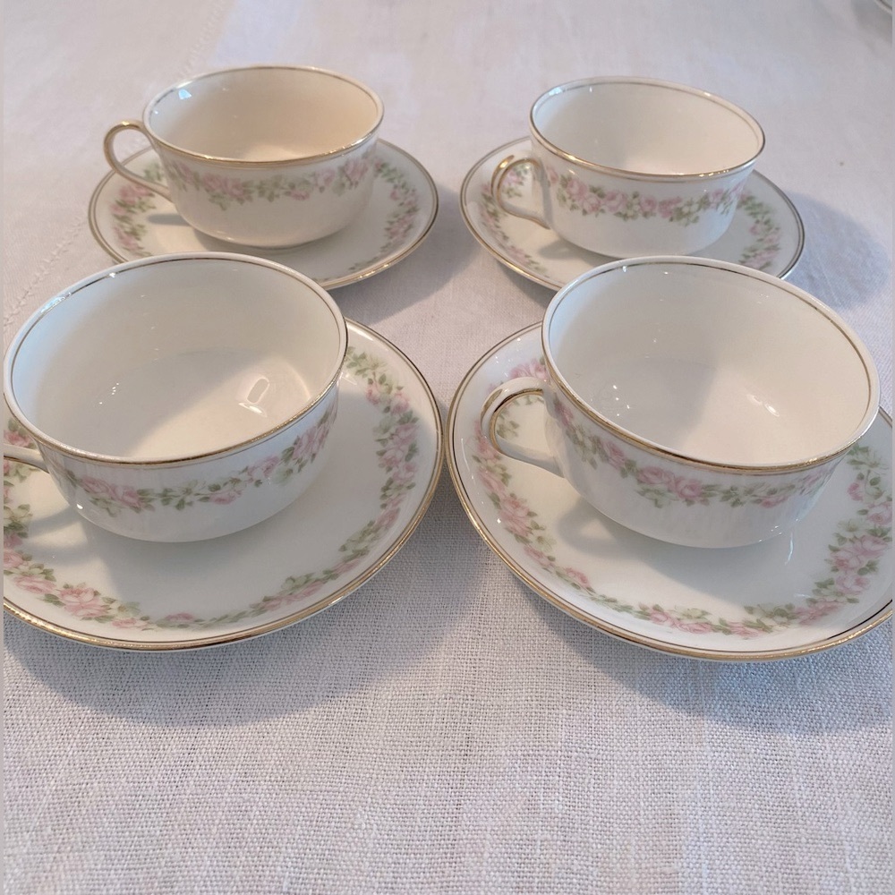 4 sets vintage teacup & saucer - Pope & Gosser China pink & green flowers USA